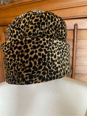 Leopard Print Fold-Over Beanie Hat - Black & Tan. No tags.